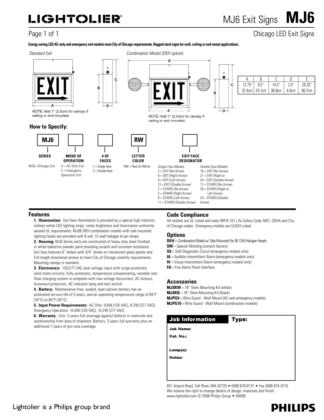 Lightolier MJ6 warranty How to Specify, Features, Code Compliance, Options, Accessories 