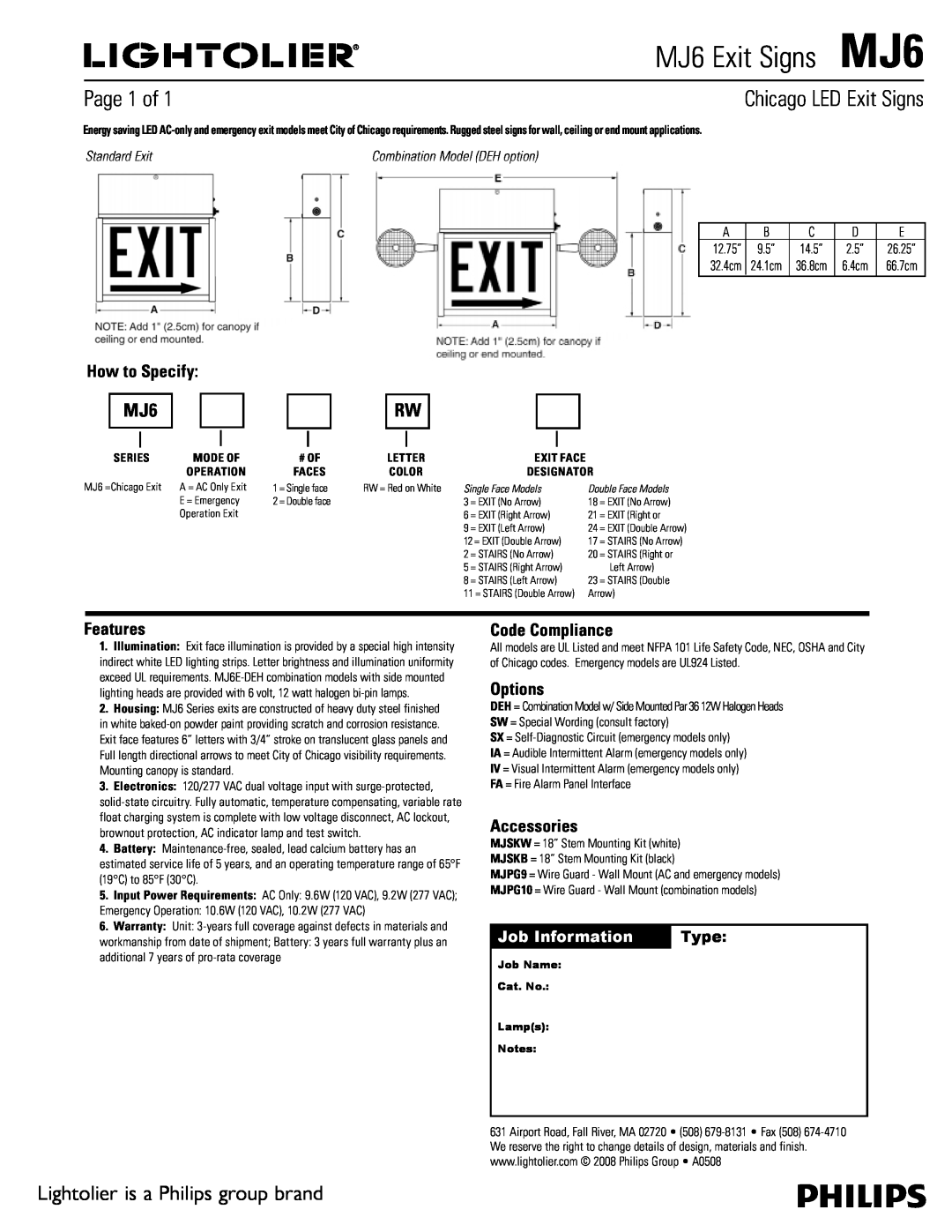 Lightolier warranty MJ6 Exit SignsMJ6, Chicago LED Exit Signs, Page 1 of, Lightolier is a Philips group brand, Features 