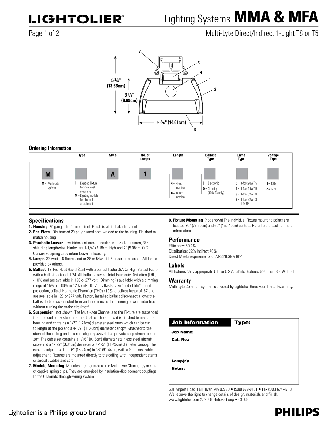 Lightolier MFA, MMA specifications Ordering Information, Specifications, Performance, Labels, Warranty 