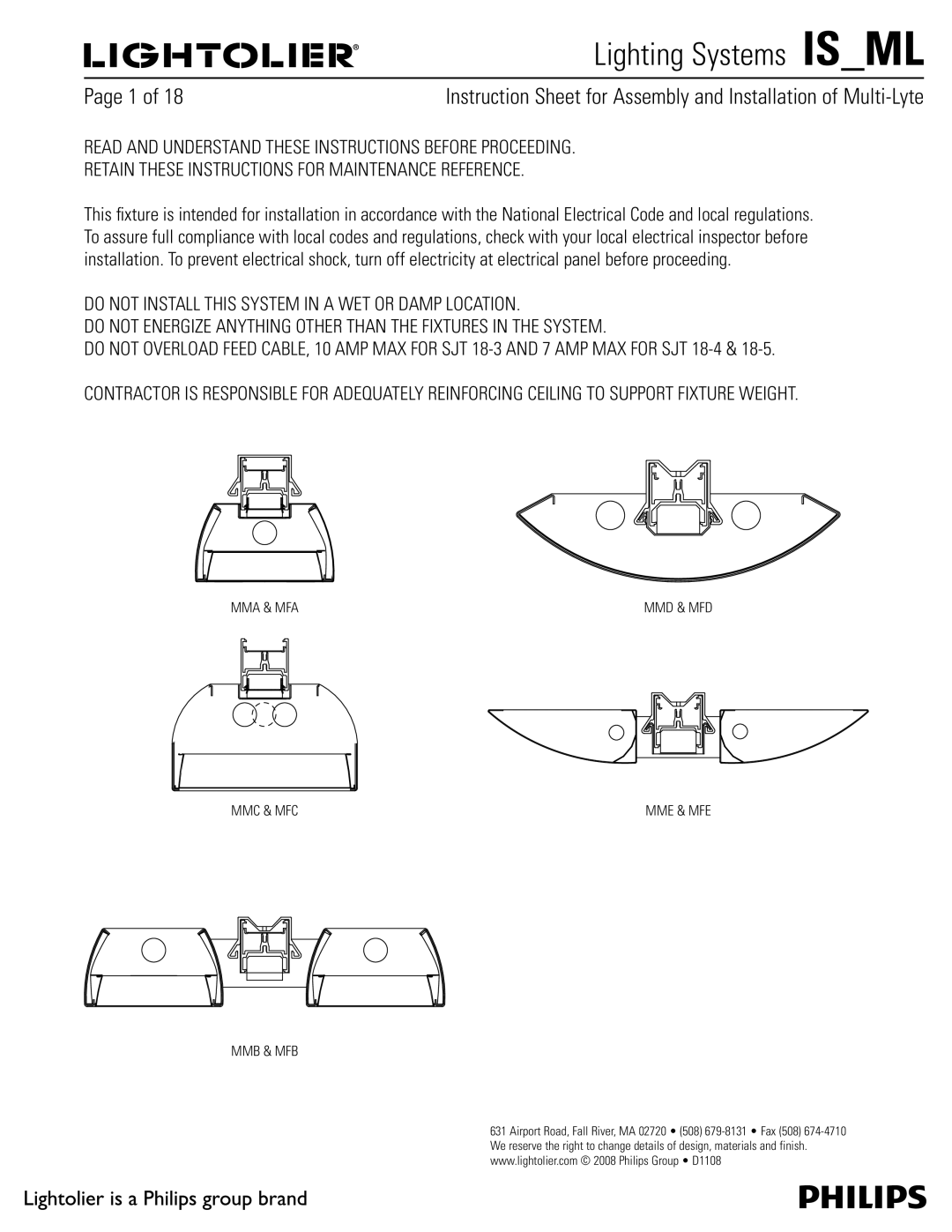 Lightolier MMA & MFA, MMC & MFC, MMD & MFD, ML, MME & MFE, MMB & MFB manual /%6/%&345/%5&4&*/4536$5*0/4#&03&130$&&%*/ 