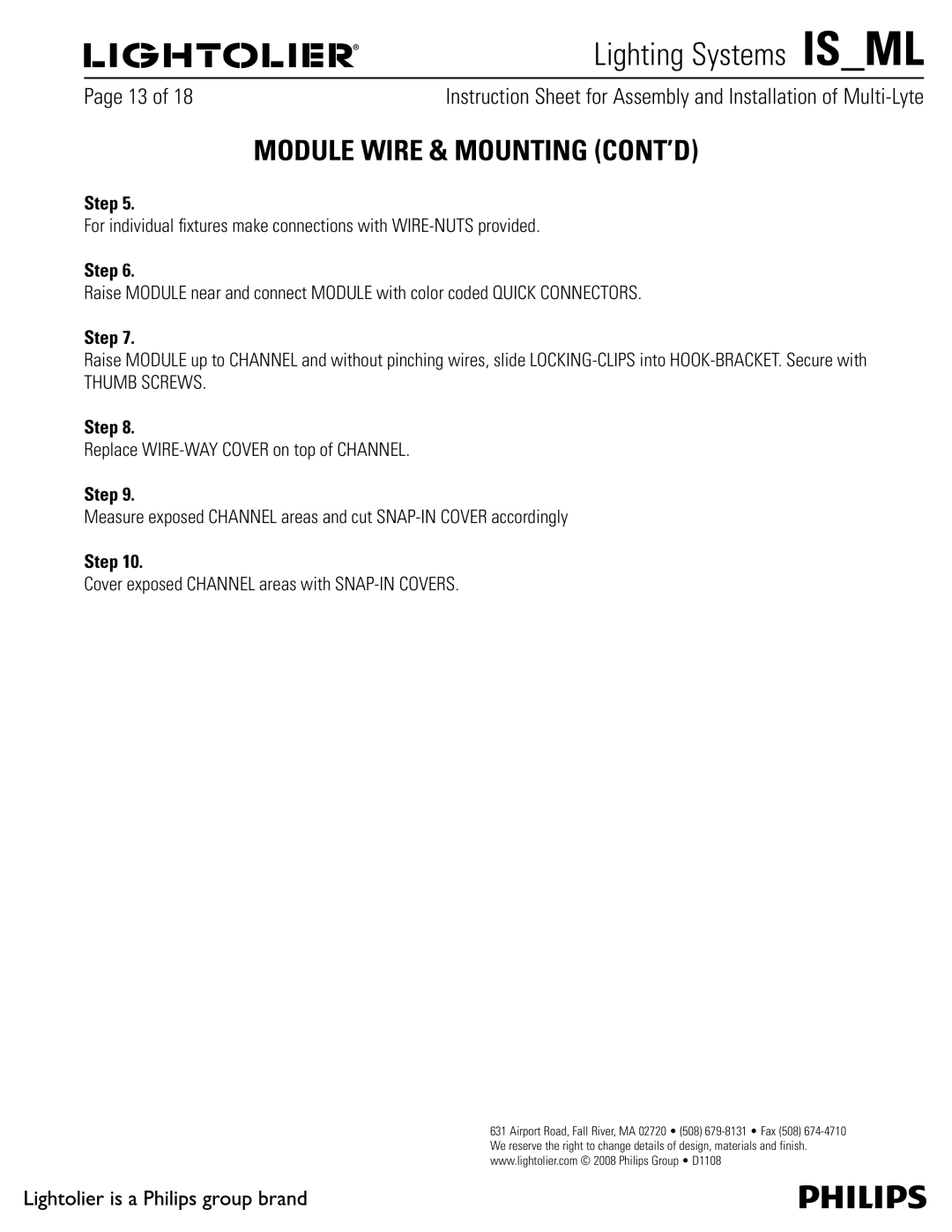 Lightolier MMA & MFA, MMC & MFC, ML manual Module Wire & Mounting CONT’D, Thumb Screws, 3FQMBDF8*3&8$07&3POUPQPG$//&- 