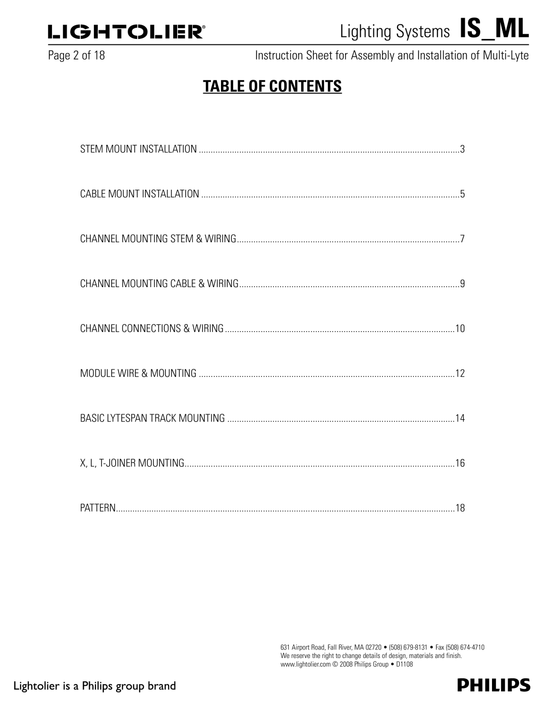 Lightolier MMD & MFD, MMC & MFC, MMA & MFA, ML, MME & MFE, MMB & MFB manual Table of Contents 