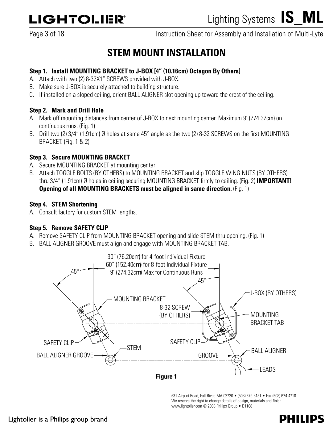 Lightolier ML Stem Mount Installation, Mark and Drill Hole, Secure Mounting Bracket, Stem Shortening, Remove Safety Clip 