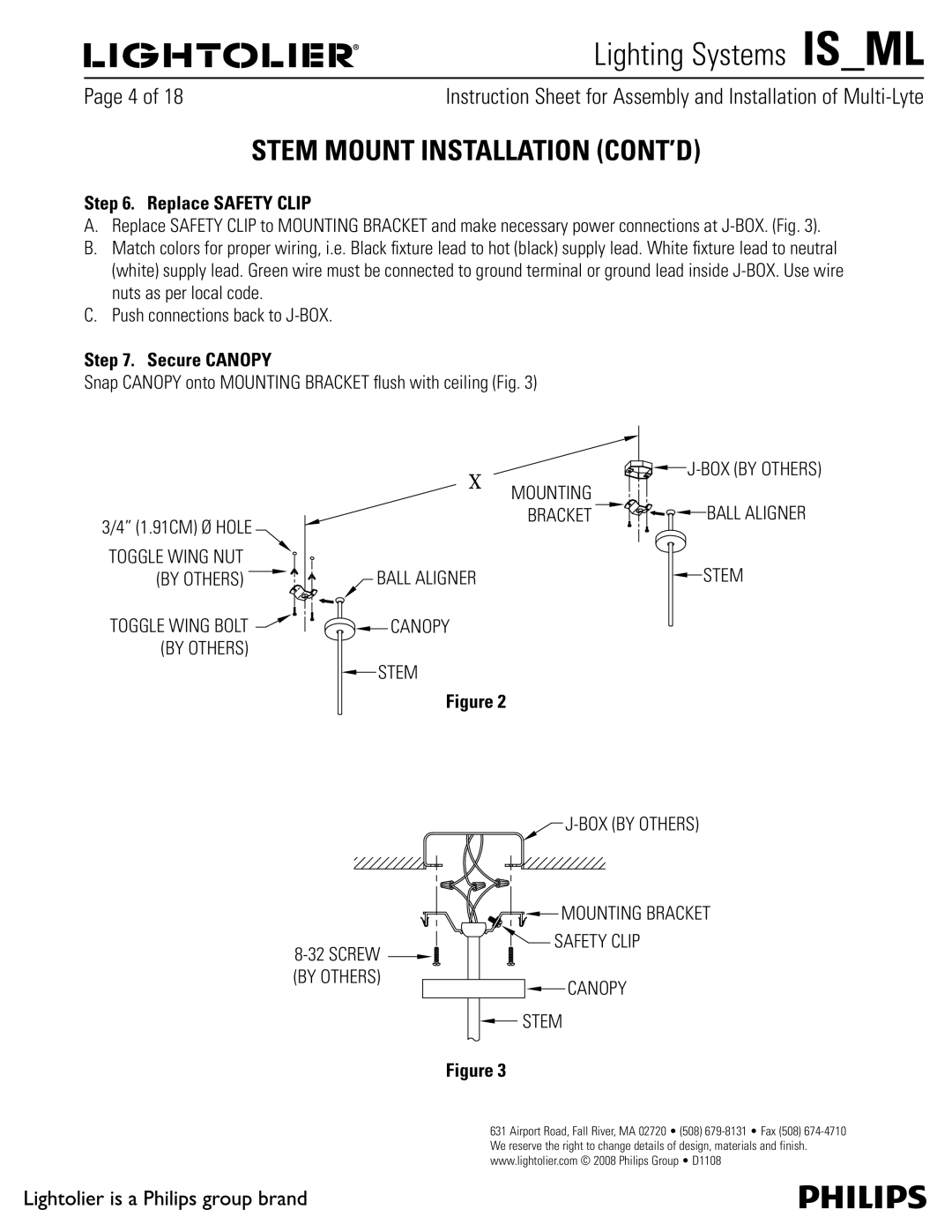 Lightolier MME & MFE, MMC & MFC, MMA & MFA, MMD & MFD, ML Stem Mount Installation CONT’D, Replace Safety Clip, Secure Canopy 