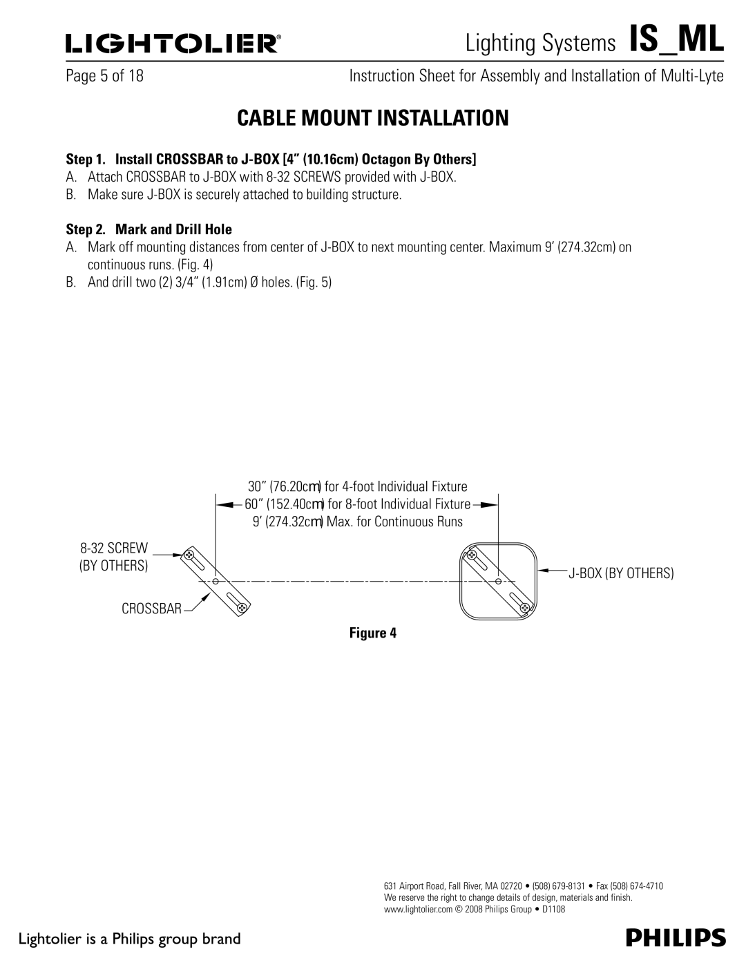 Lightolier MMB & MFB, MMC & MFC, MMA & MFA Cable Mount Installation, Install Crossbar to J-BOX 4 10.16cm Octagon By Others 