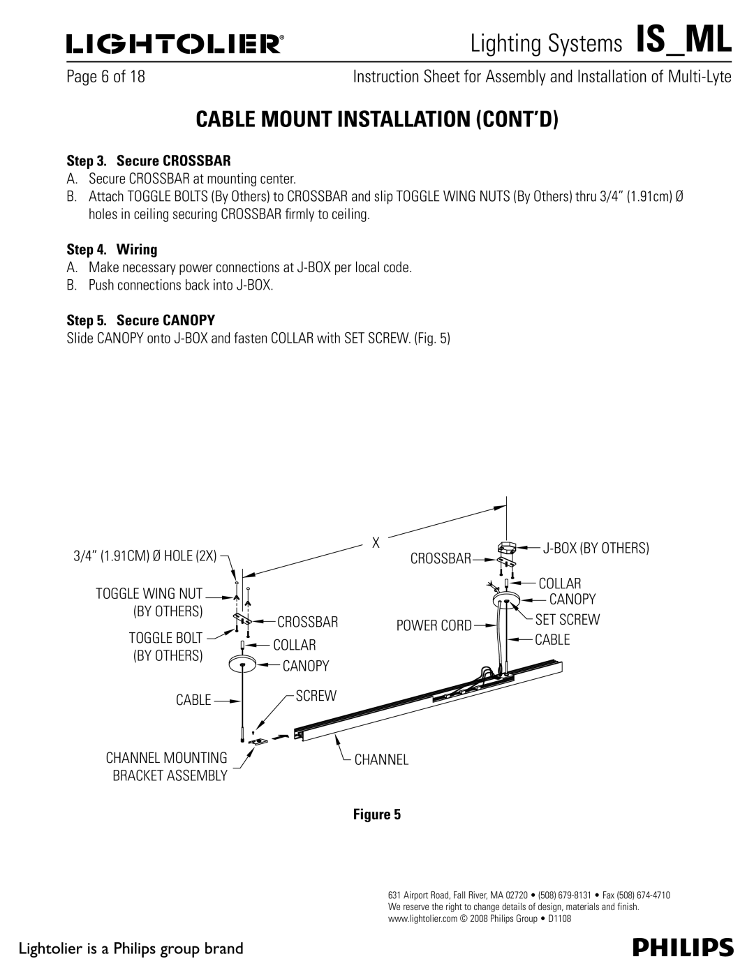 Lightolier MMC & MFC, MMA & MFA, MMD & MFD, ML, MME & MFE, MMB & MFB Cable Mount Installation CONT’D, Secure Crossbar, Wiring 