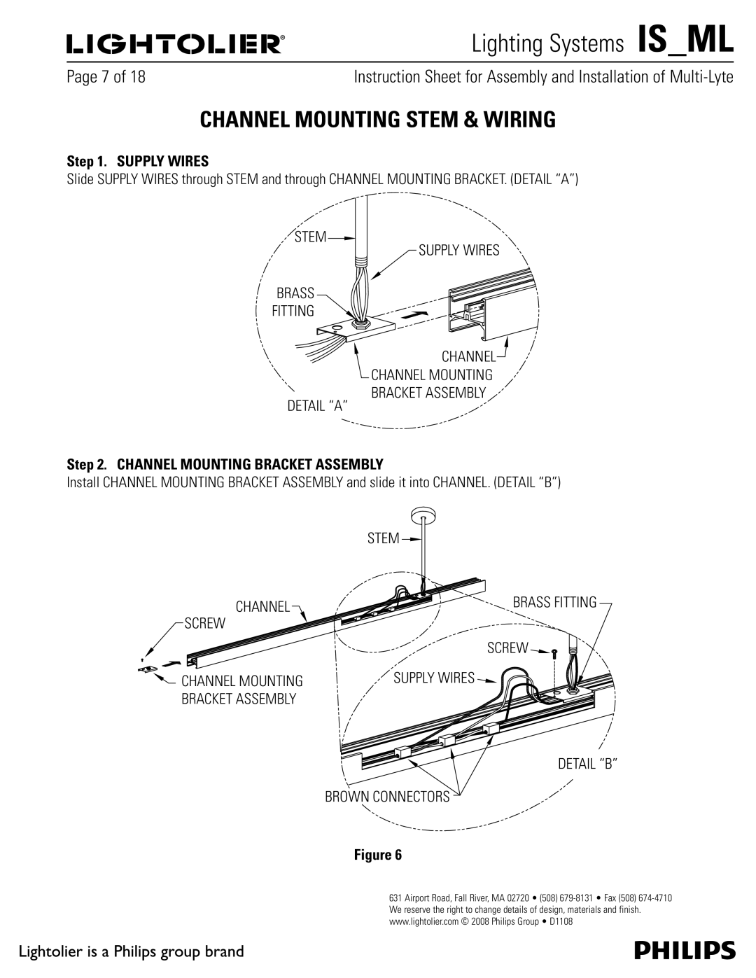 Lightolier MMA & MFA Channel Mounting Stem & Wiring, Stem Brass Fitting Detail a Supply Wires Channel, Stem Channel 