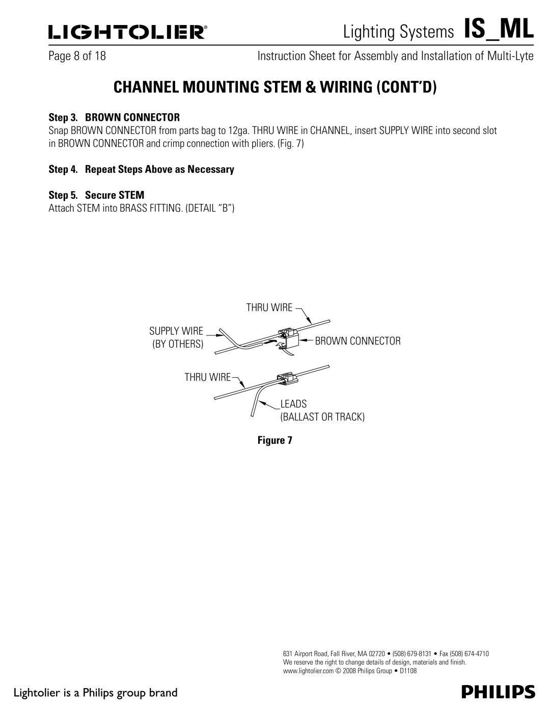 Lightolier MMD & MFD Channel Mounting Stem & Wiring CONT’D, Brown Connector, Repeat Steps Above as Necessary Secure Stem 