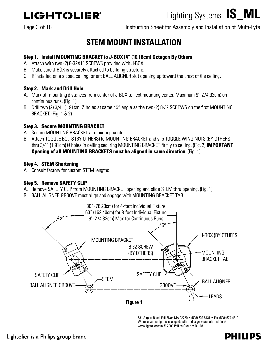 Lightolier ML manual Stem Mount Installation, 1BHFPG, Mark and Drill Hole, Secure MOUNTING BRACKET, STEM Shortening 