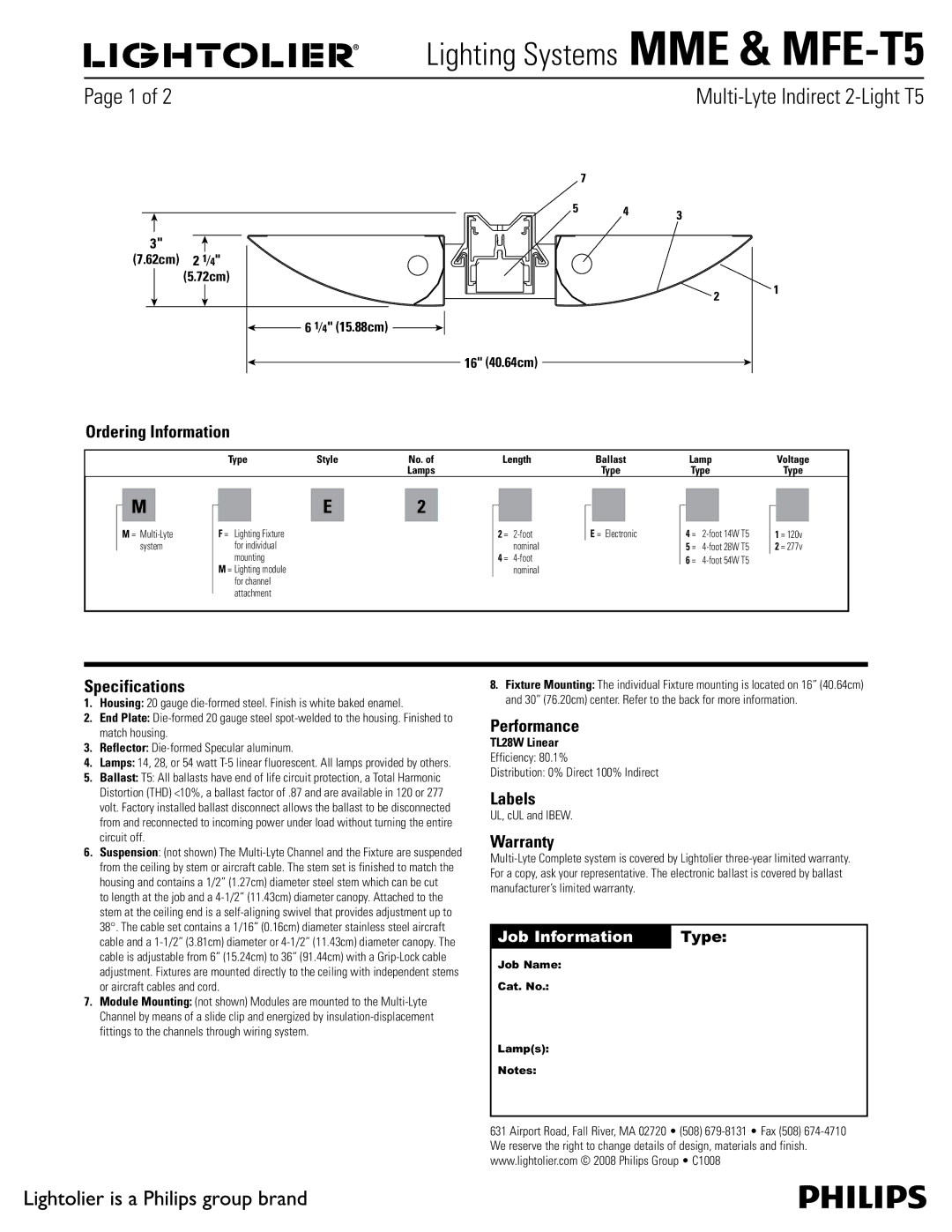 Lightolier MFE-T5, MME specifications Ordering Information, Specifications, Performance, Labels, Warranty 