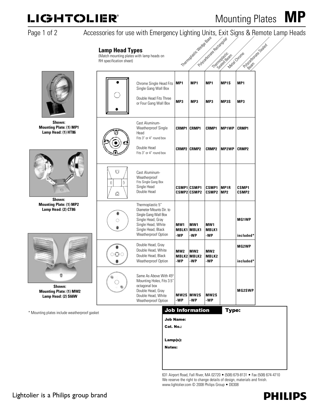 Lightolier specifications Mounting Plates MP, Lamp Head Types 