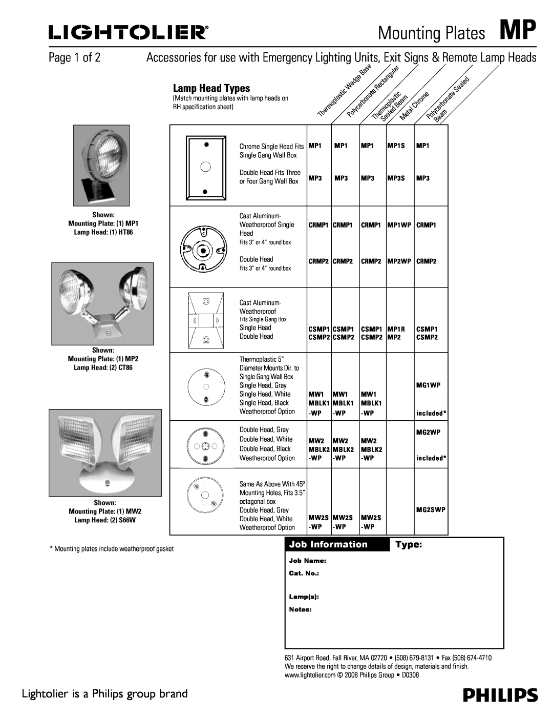 Lightolier specifications Mounting PlatesMP, Page 1 of, Lightolier is a Philips group brand, Lamp Head Types 