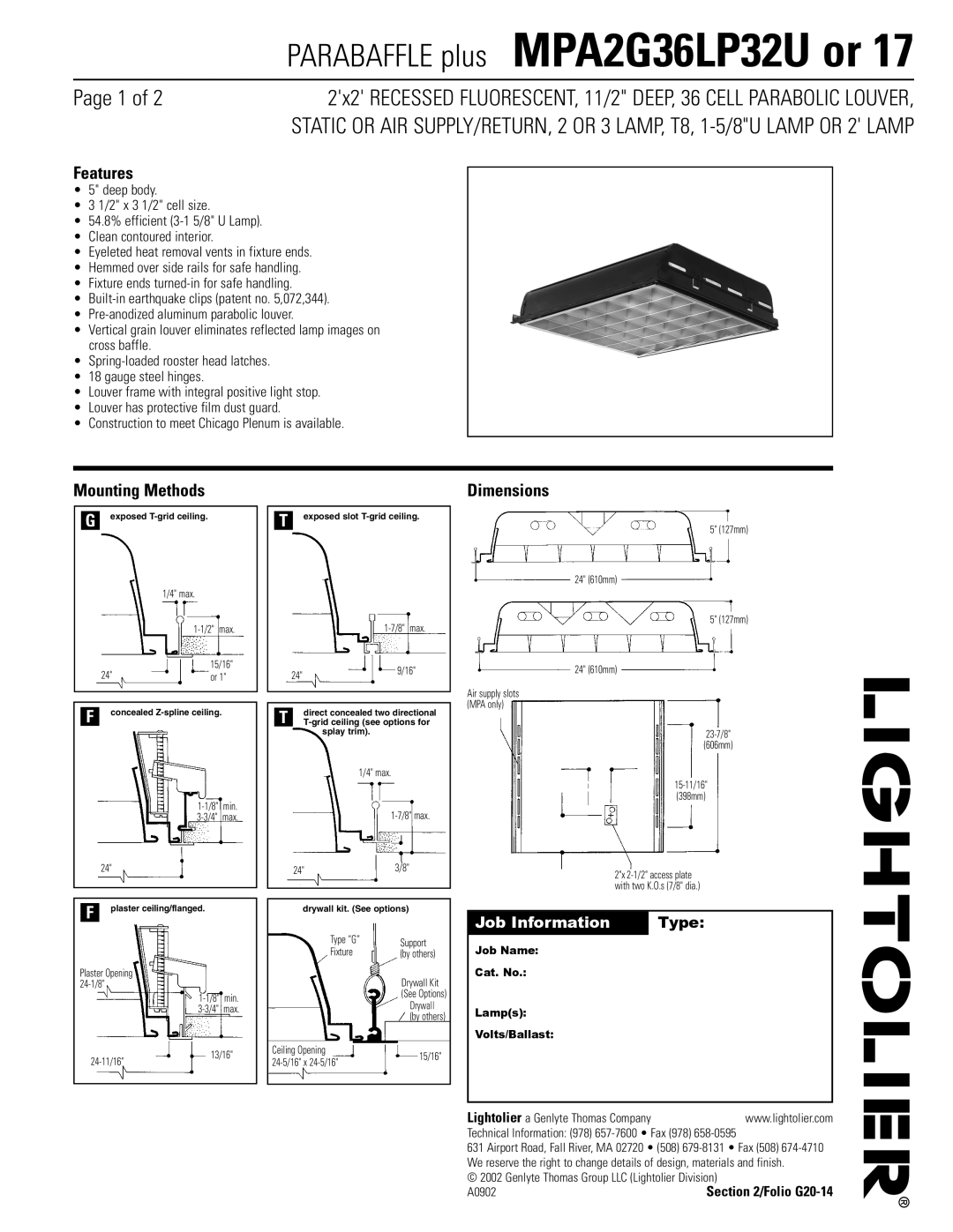 Lightolier MPA2G36LP32U dimensions Features, Mounting Methods, Dimensions 