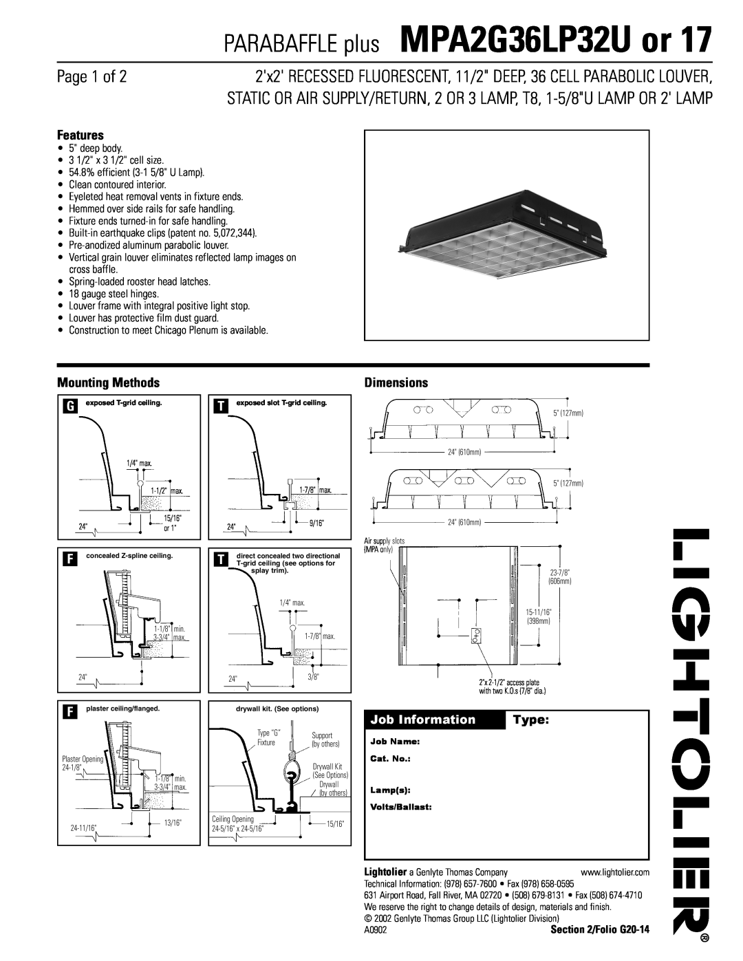 Lightolier dimensions Page 1 of, Features, Mounting Methods, Dimensions, PARABAFFLE plus MPA2G36LP32U or 