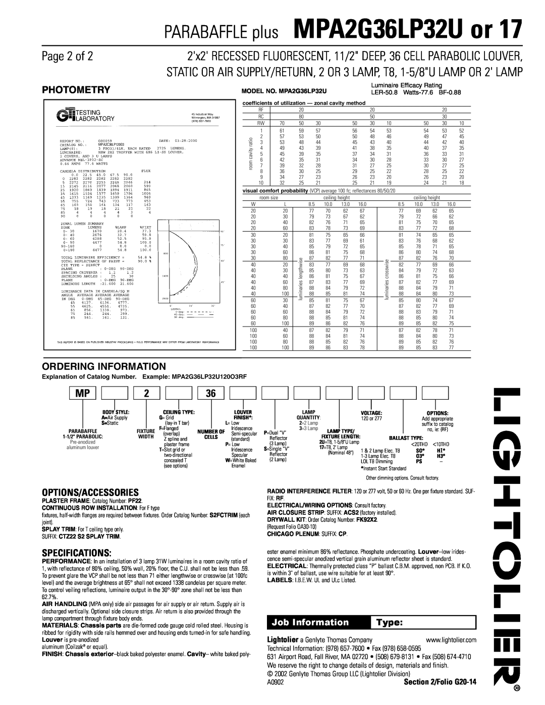 Lightolier Page 2 of, Options/Accessories, Specifications, PARABAFFLE plus MPA2G36LP32U or, Photometry, Job Information 