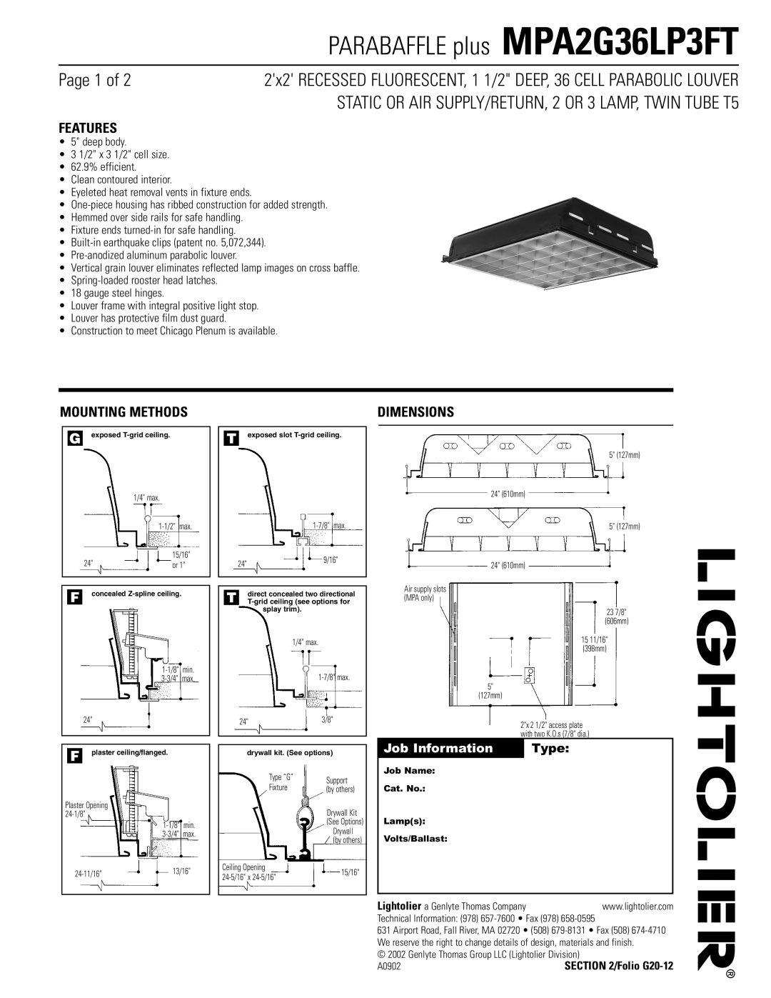 Lightolier MPA2G36LP3FT dimensions Features, Mounting Methods, Dimensions 