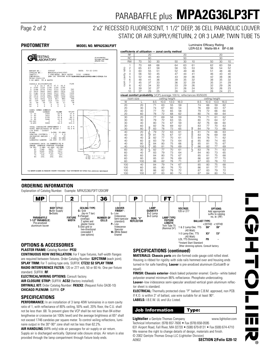 Lightolier MPA2G36LP3FT dimensions Photometry, Ordering Information, Options & Accessories, Specifications 