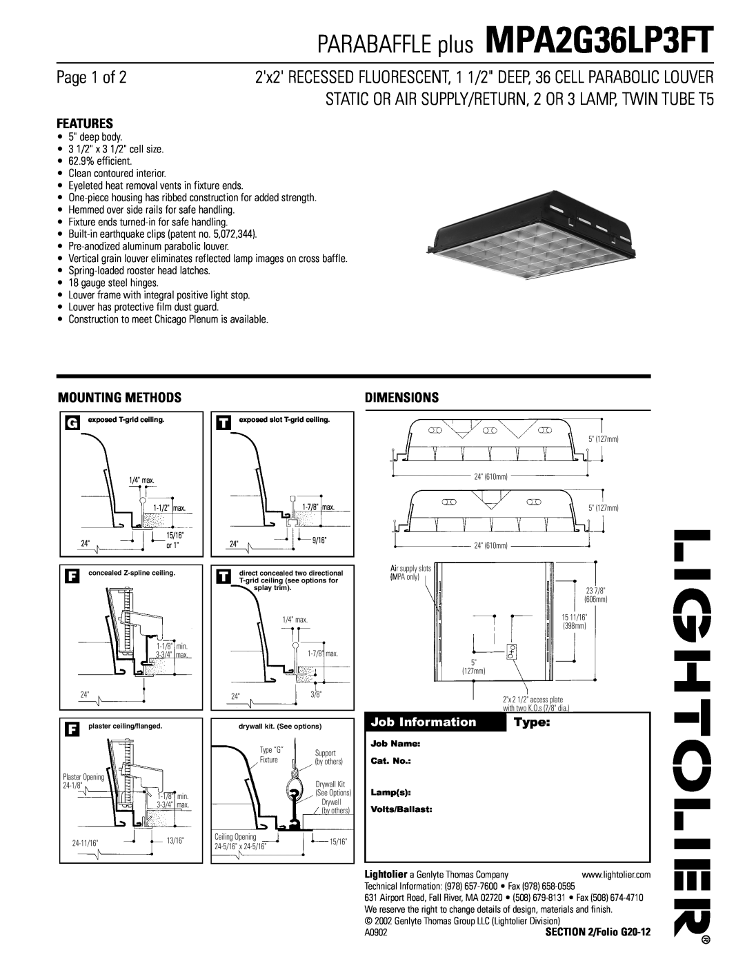 Lightolier MPA2G36LP3FT dimensions Page 1 of, Features, Mounting Methods, Dimensions, Job Information, Type 