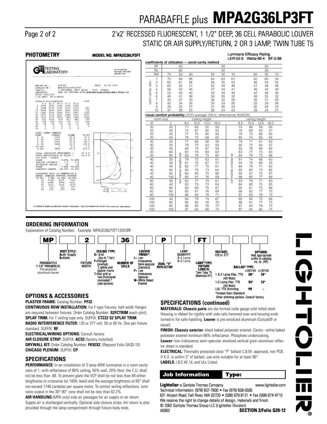 Lightolier MPA2G36LP3FT dimensions Page 2 of, Photometry, Ordering Information, Options & Accessories, Specifications, Type 