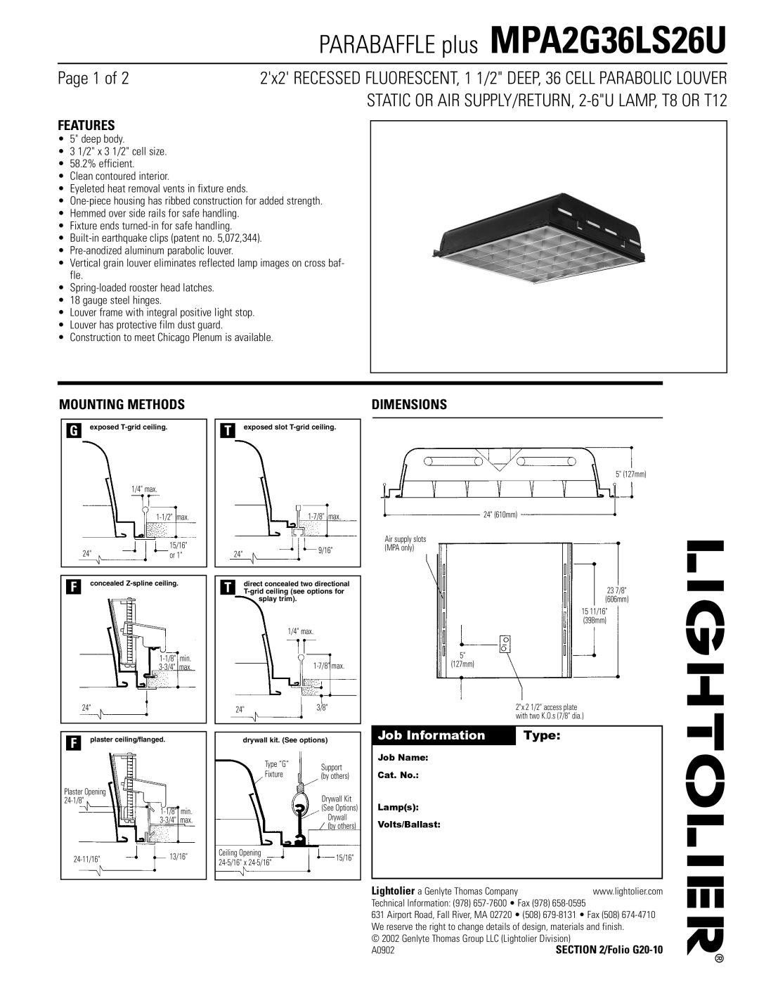 Lightolier MPA2G36LS26U dimensions Features, Mounting Methods, Dimensions 