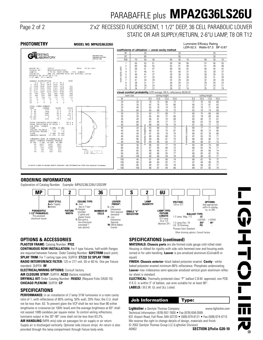 Lightolier MPA2G36LS26U dimensions Photometry, Ordering Information, Options & Accessories, Specifications 