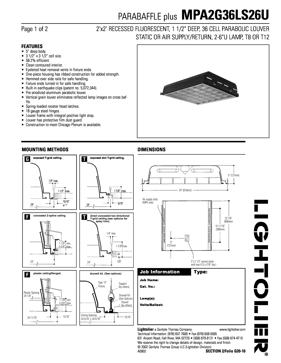 Lightolier MPA2G36LS26U dimensions Page 1 of, Features, Mounting Methods, Dimensions, Job Information, Type 