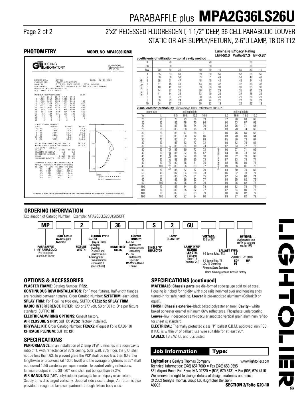 Lightolier MPA2G36LS26U dimensions Page 2 of, Photometry, Ordering Information, Options & Accessories, Specifications, Type 