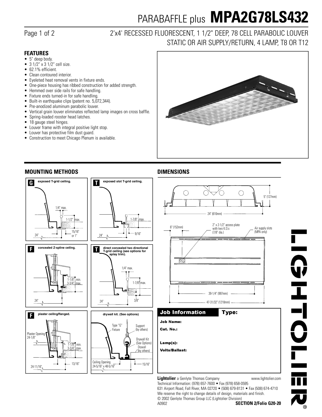 Lightolier MPA2G78LS432 dimensions Features, Mounting Methods, Dimensions 