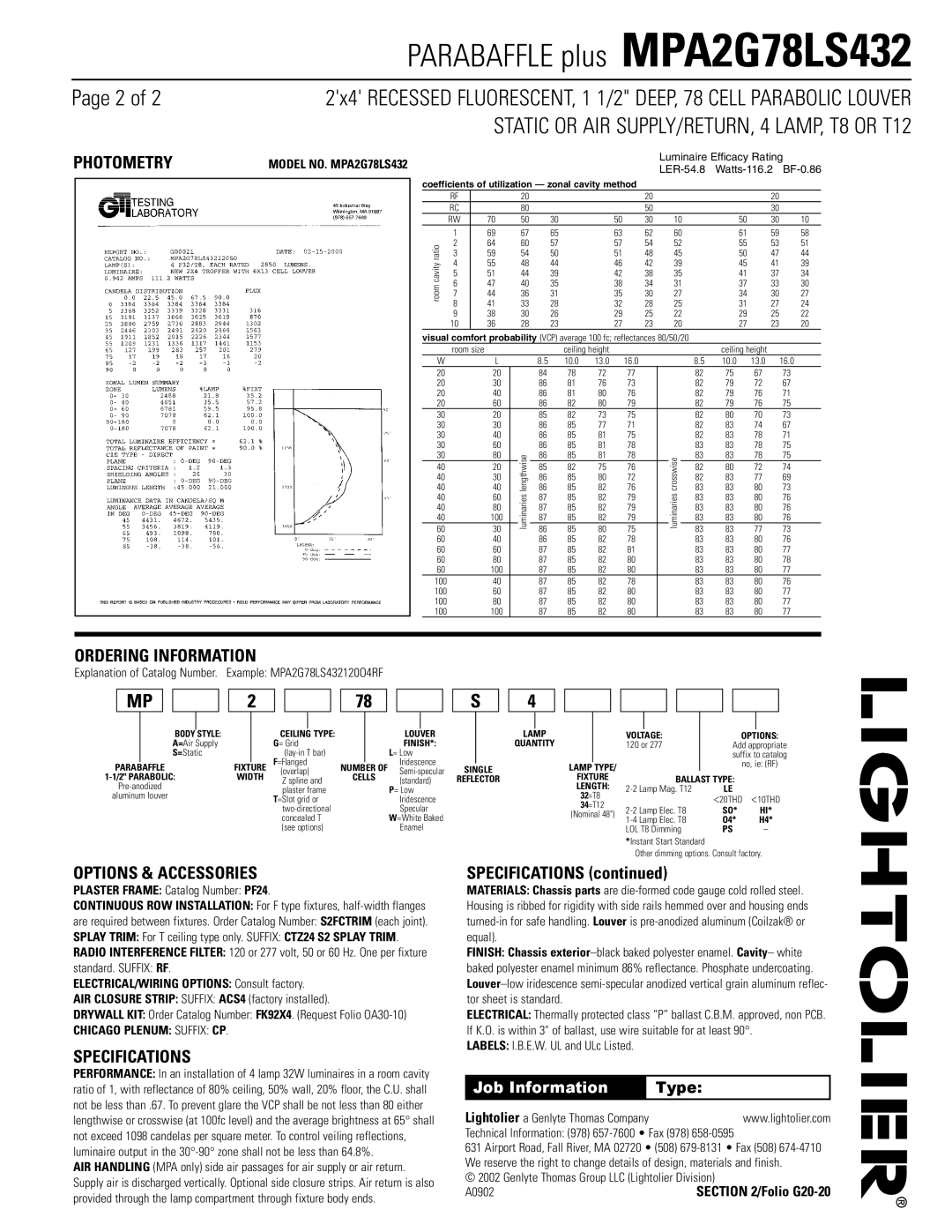 Lightolier MPA2G78LS432 dimensions Photometry, Ordering Information, Options & Accessories, Specifications 