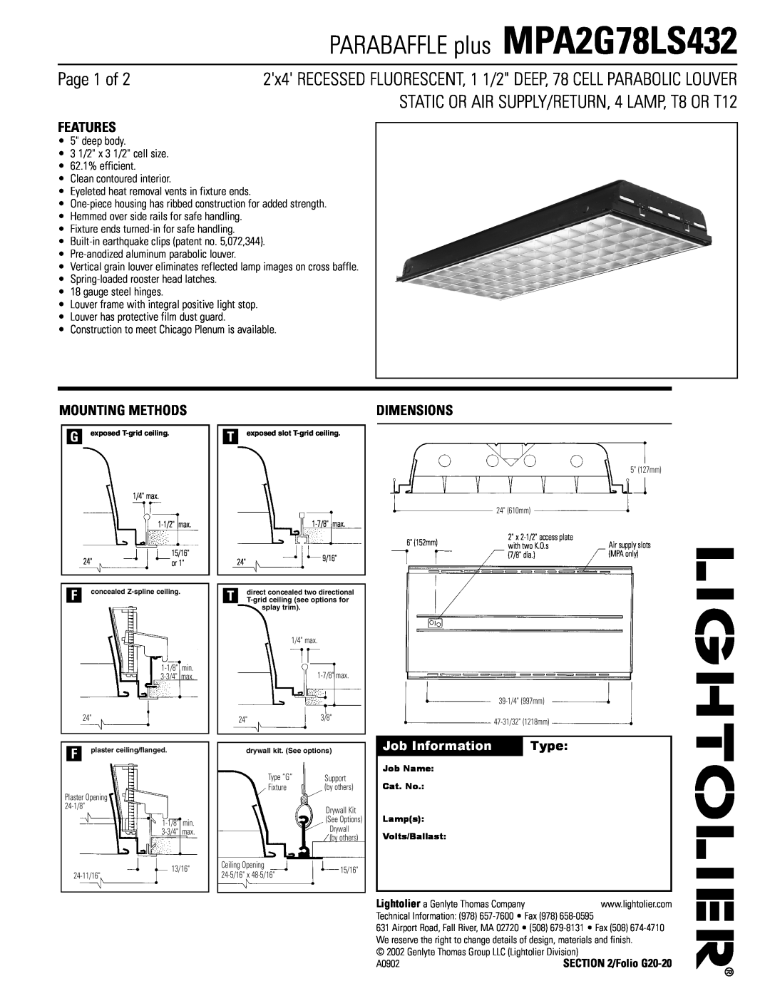 Lightolier MPA2G78LS432 dimensions Page 1 of, STATIC OR AIR SUPPLY/RETURN, 4 LAMP, T8 OR T12, Features, Mounting Methods 