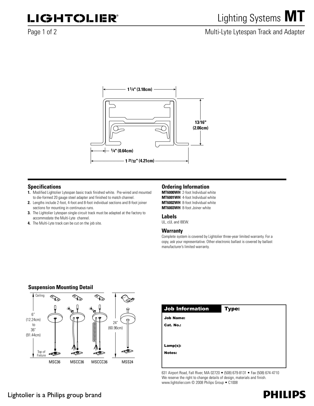 Lightolier MT specifications 1BHFPG2, Specifications, Labels, Warranty, Suspension Mounting Detail 