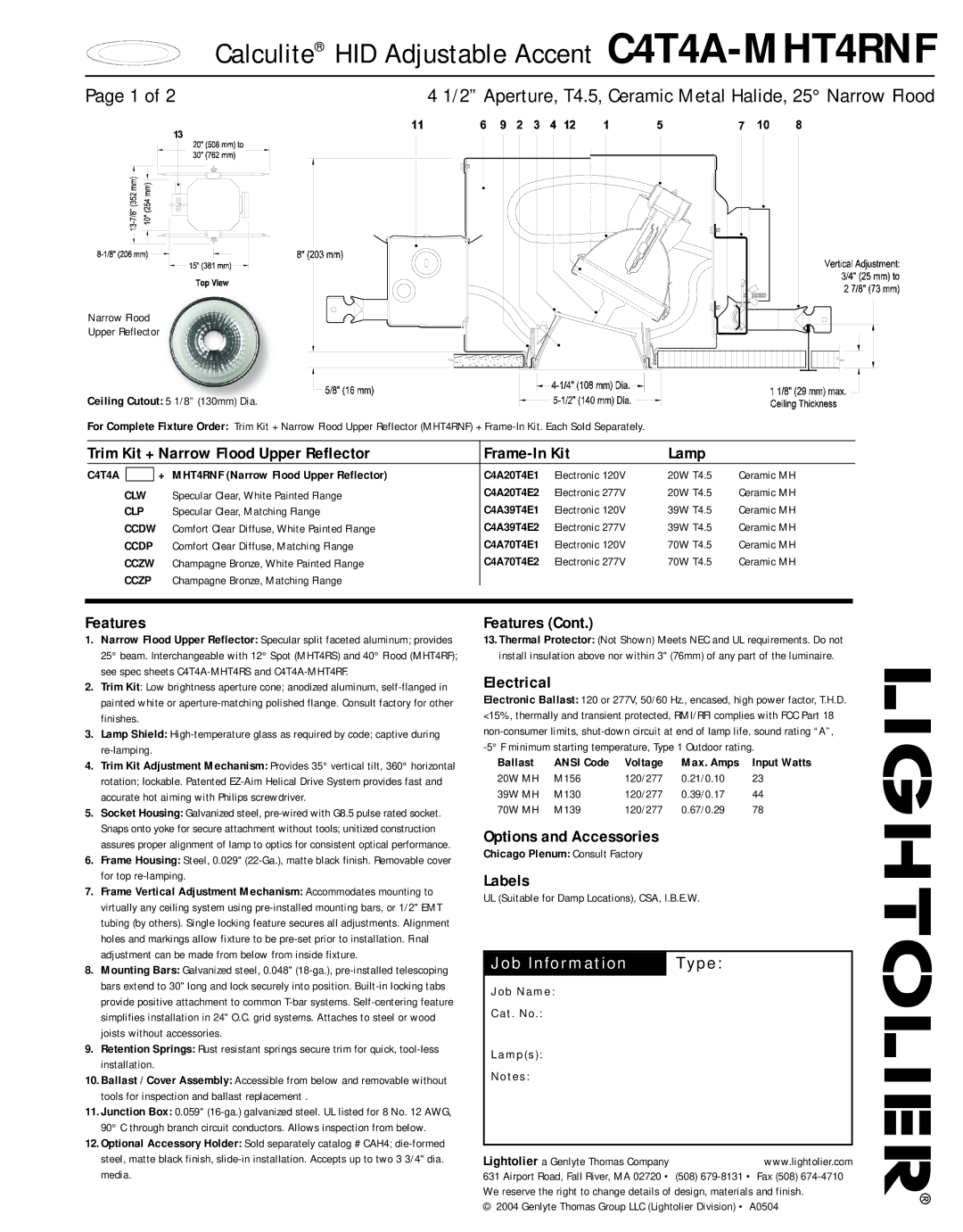 Lightolier none manual Trim Kit + Narrow Flood Upper Reflector Frame-In Kit Lamp, Features, Electrical, Labels 