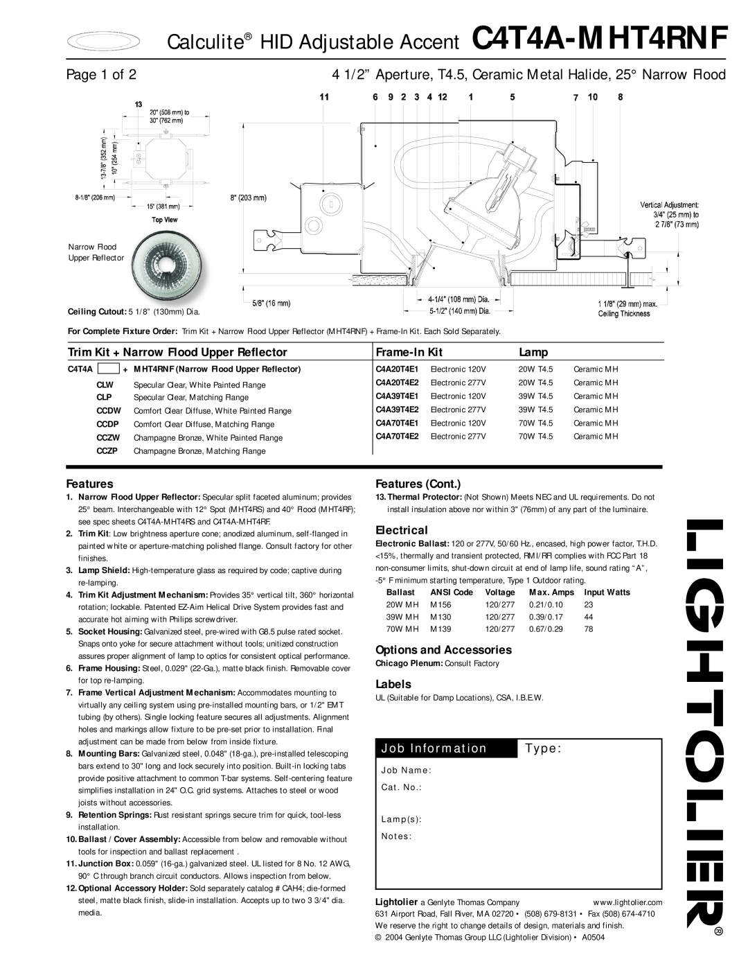 Lightolier none manual Calculite HID Adjustable Accent C4T4A-MHT4RNF, Page 1 of, Job Information, Type, Frame-InKit, Lamp 