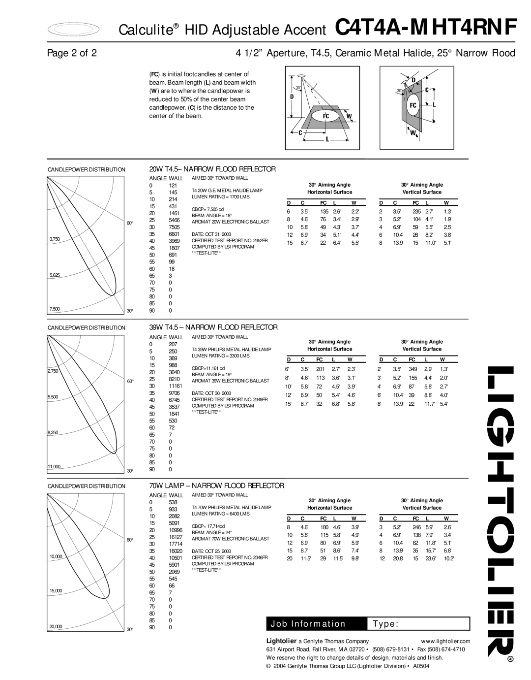Lightolier none manual Page 2 of, Calculite HID Adjustable Accent C4T4A-MHT4RNF, Job Information, Type 