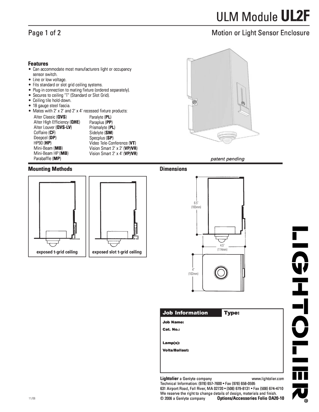 Lightolier OA20-10 dimensions ULM Module UL2F, Page 1 of, Motion or Light Sensor Enclosure, Features, Mounting Methods 