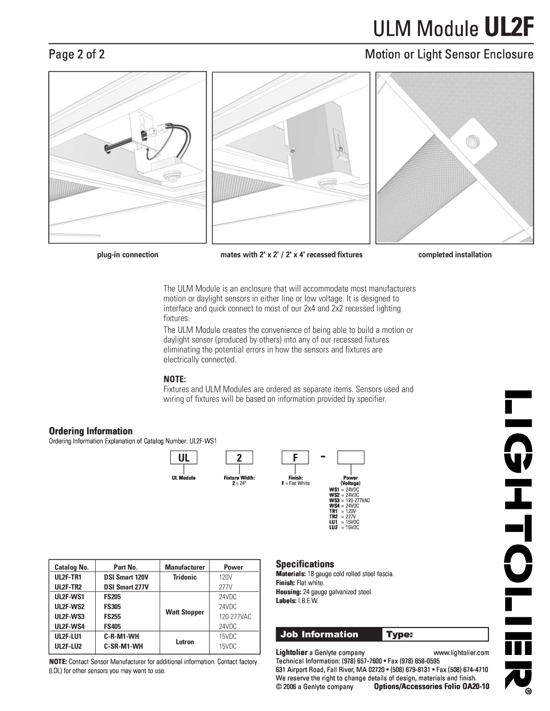 Lightolier OA20-10 Page 2 of, Ordering Information, Specifications, ULM Module UL2F, Motion or Light Sensor Enclosure 