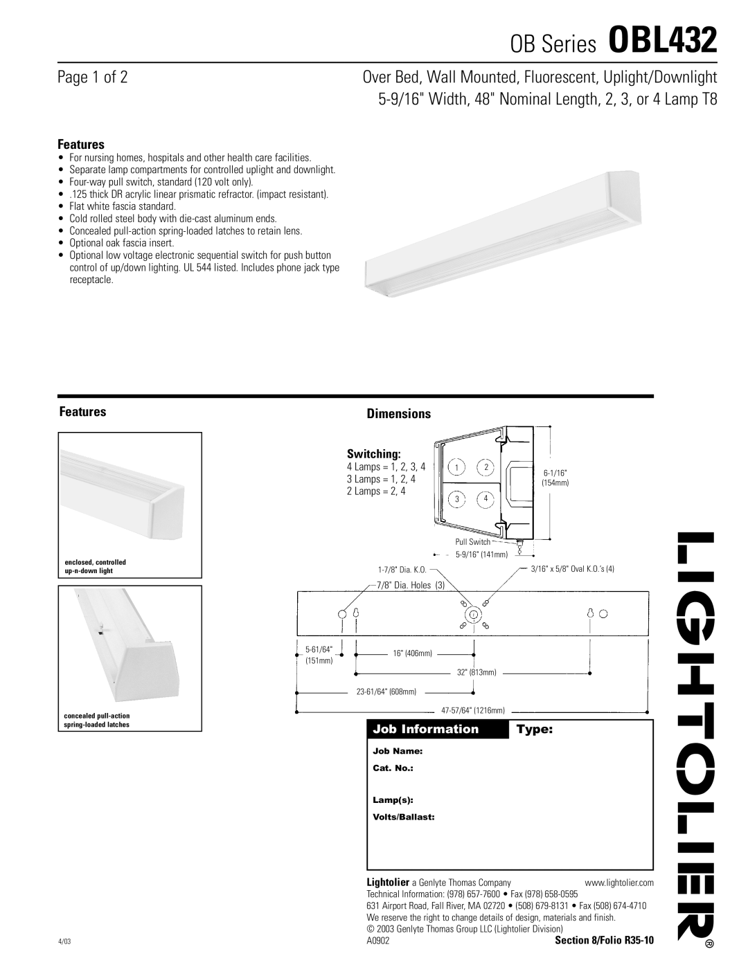 Lightolier OBL432 dimensions Features, Dimensions, Switching, Type 