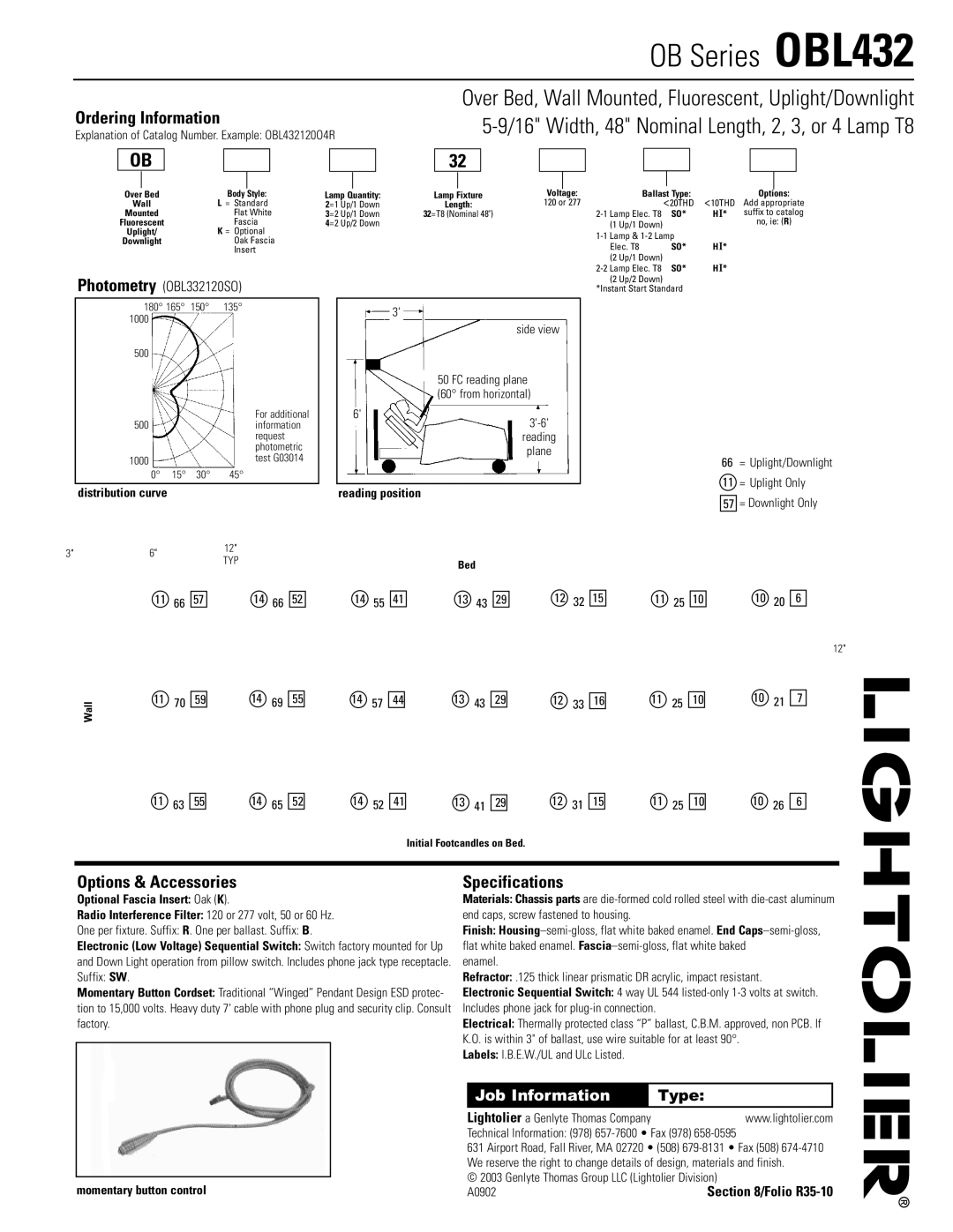 Lightolier OBL432 dimensions Ordering Information, Options & Accessories, Specifications, Photometry OBL332120SO 