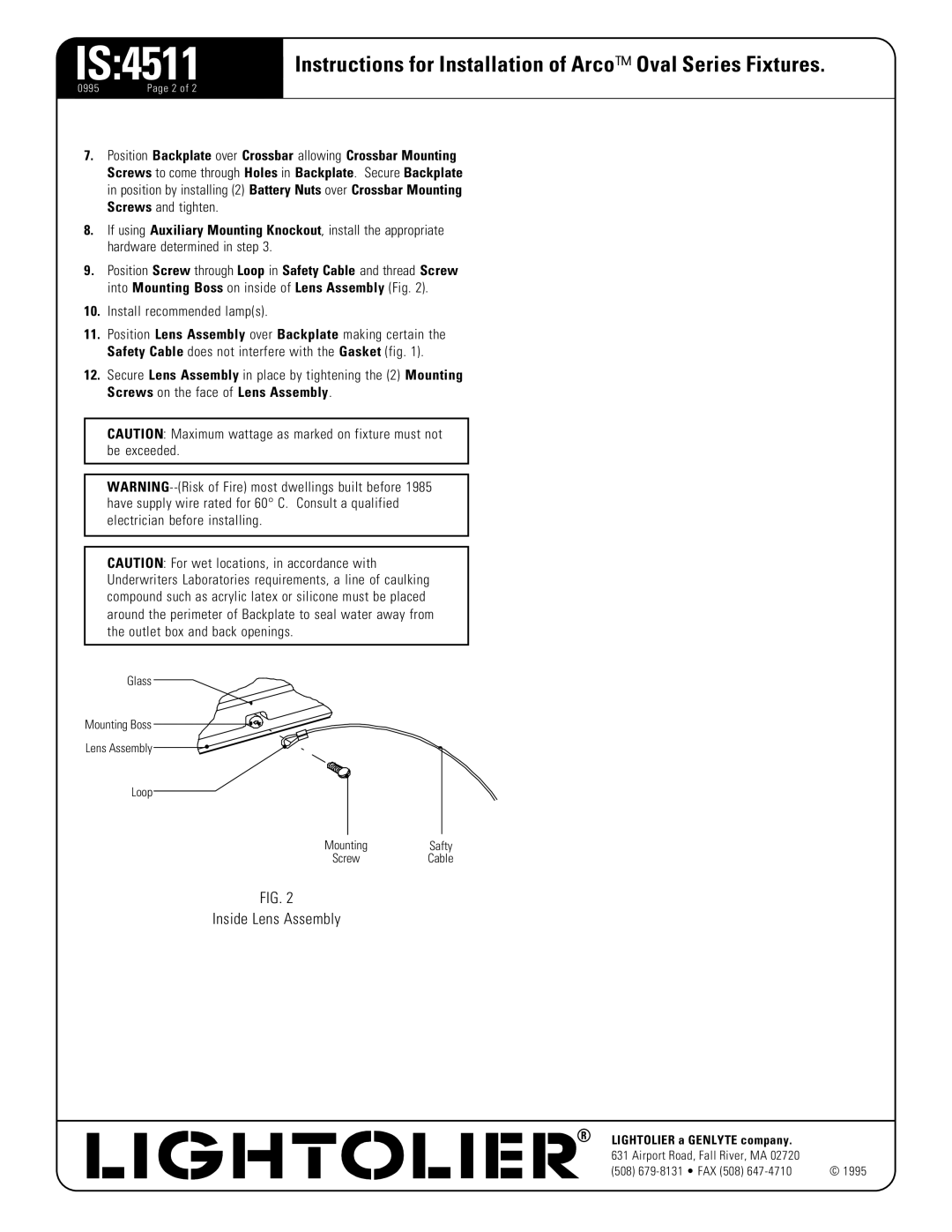 Lightolier IS4511, Instructions for Installation of Arco Oval Series Fixtures, Glass Mounting Boss Lens Assembly Loop 