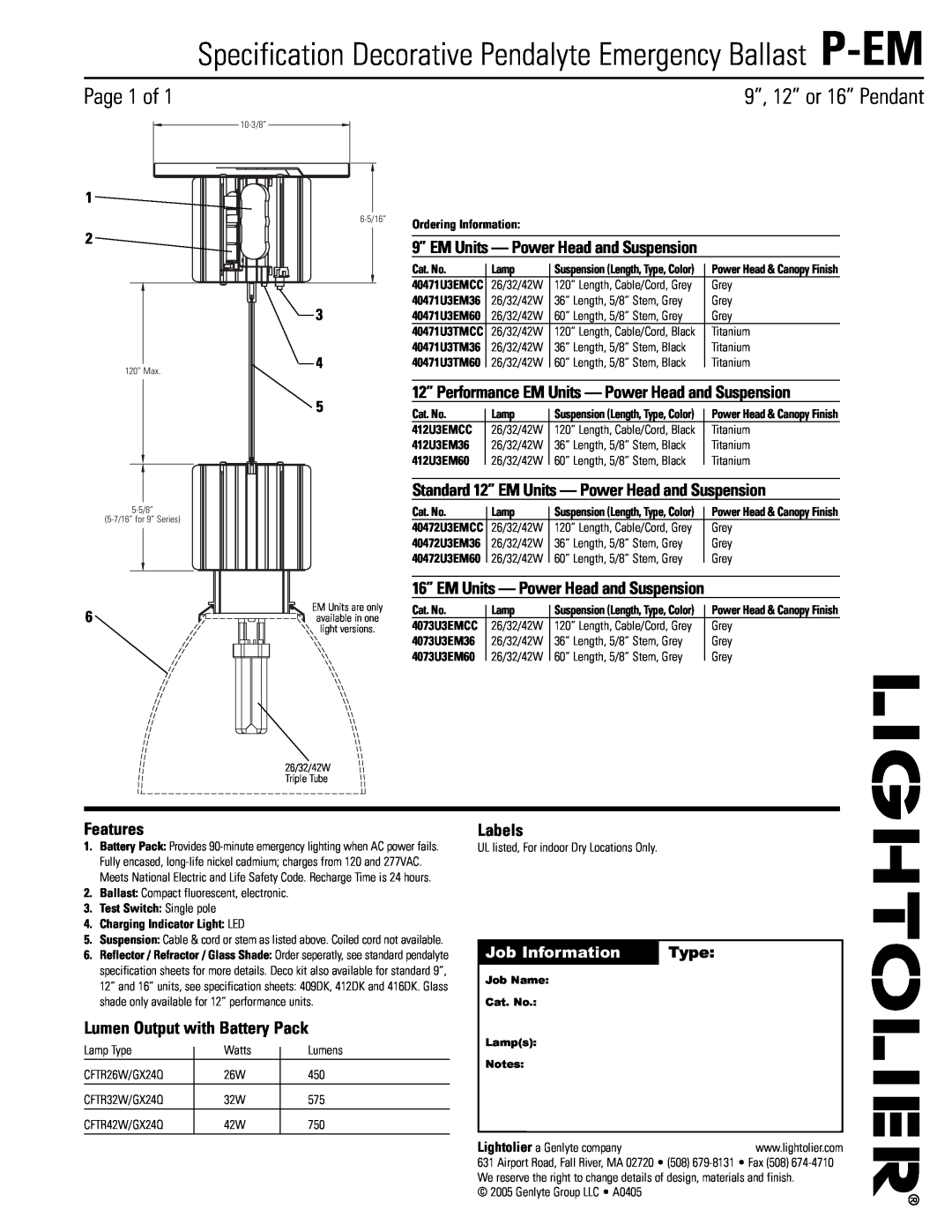 Lightolier P-EM specifications Page 1 of, 9”, 12” or 16” Pendant, 9” EM Units - Power Head and Suspension, Features, Type 