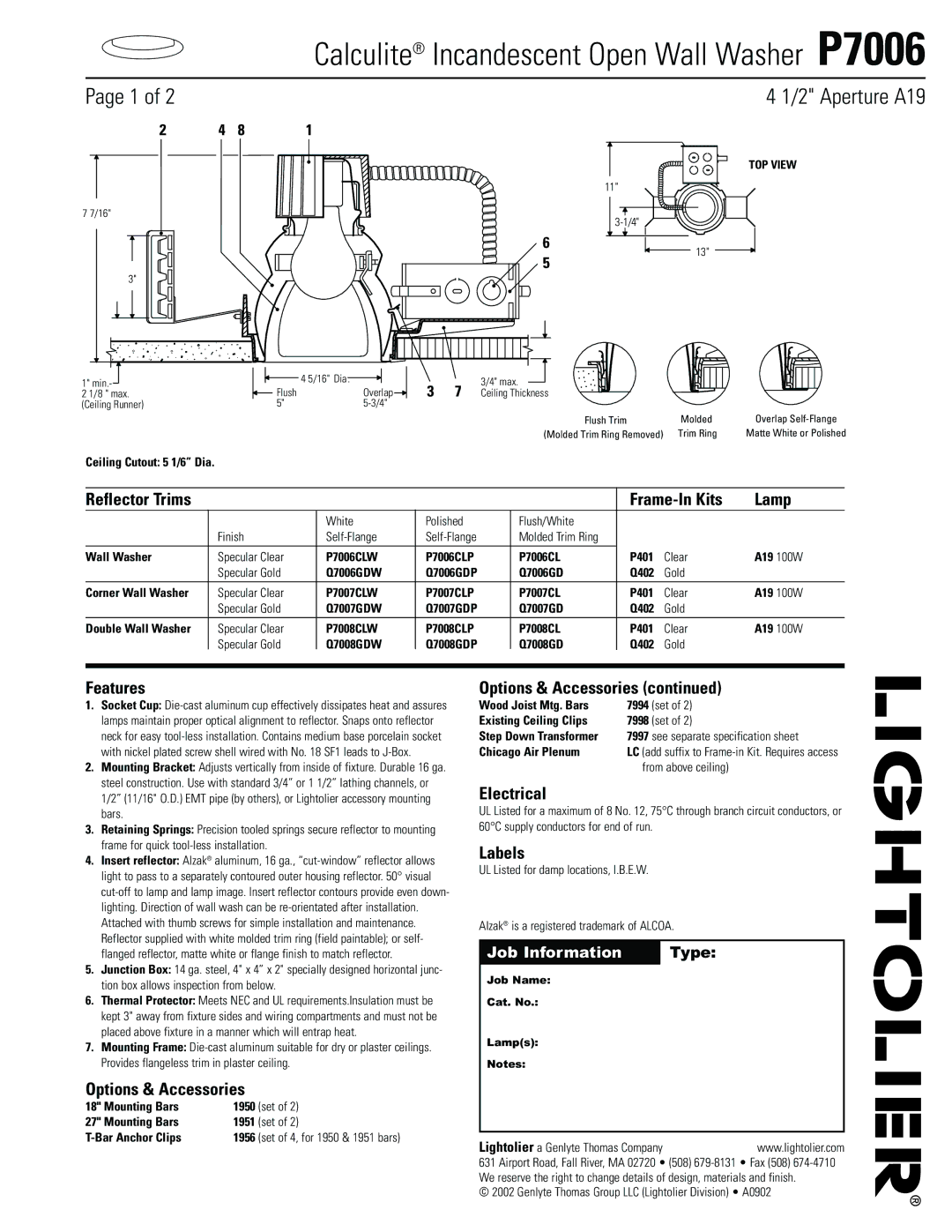 Lightolier P7006 specifications Frame-In Kits Lamp, Features, Options & Accessories, Electrical, Labels 