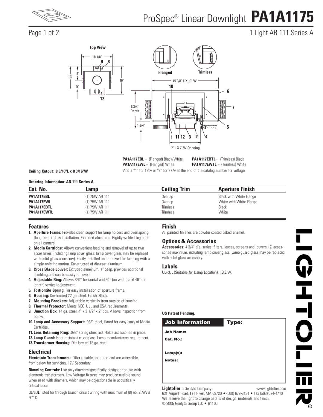 Lightolier PA1A1175 manual Cat. No Lamp, Aperture Finish, Features, Electrical, Options & Accessories, Labels 