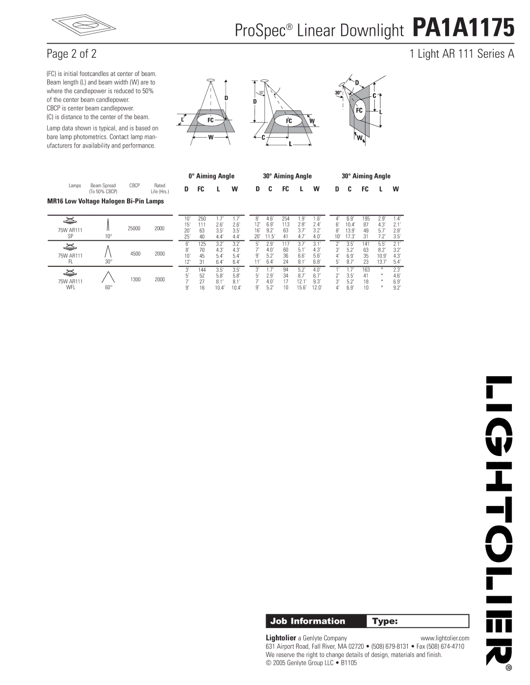 Lightolier PA1A1175 manual Light AR 111 Series a 