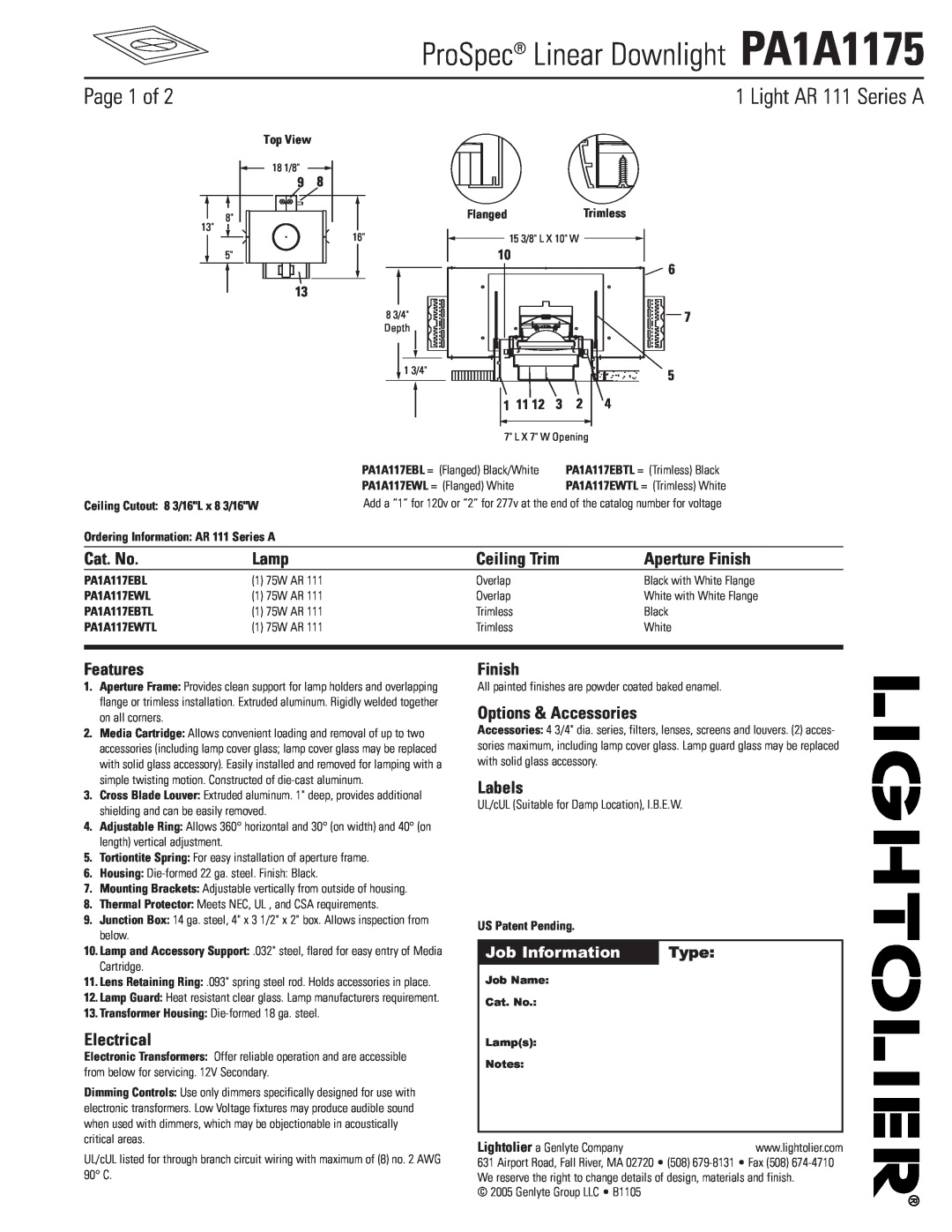 Lightolier manual ProSpec Linear Downlight PA1A1175, Page 1 of, Type, Job Information, Light AR 111 Series A, Cat. No 