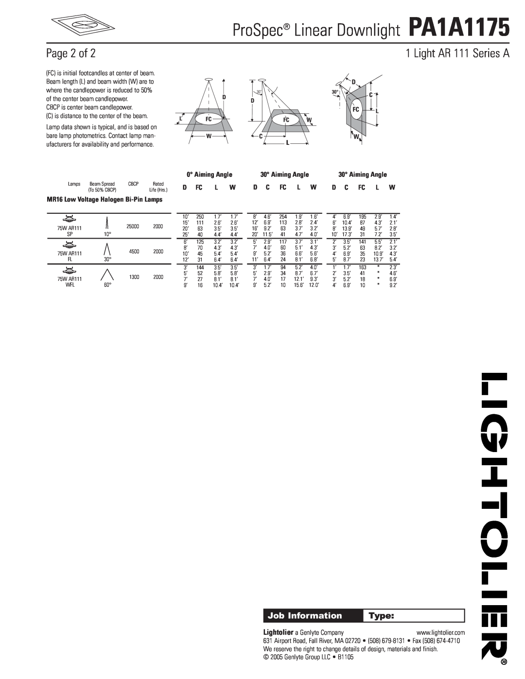 Lightolier manual Page 2 of, Light AR 111 Series A, ProSpec Linear Downlight PA1A1175, Job Information, Type 