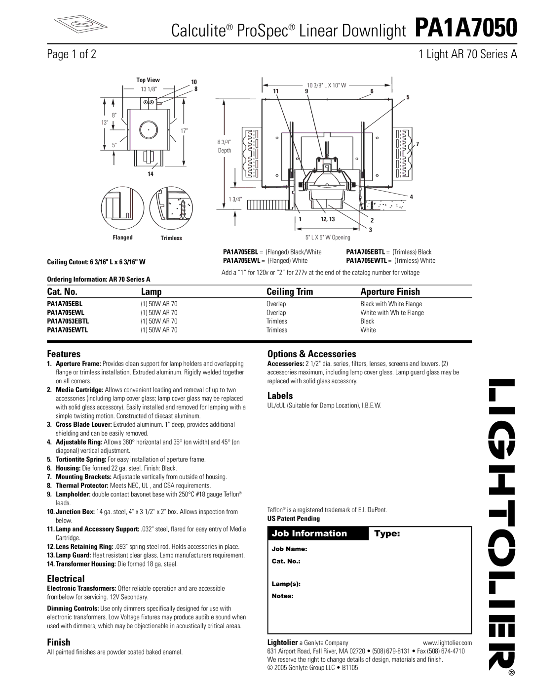 Lightolier PA1A7050 manual Cat. No Lamp Ceiling Trim Aperture Finish, Features, Electrical, Options & Accessories, Labels 