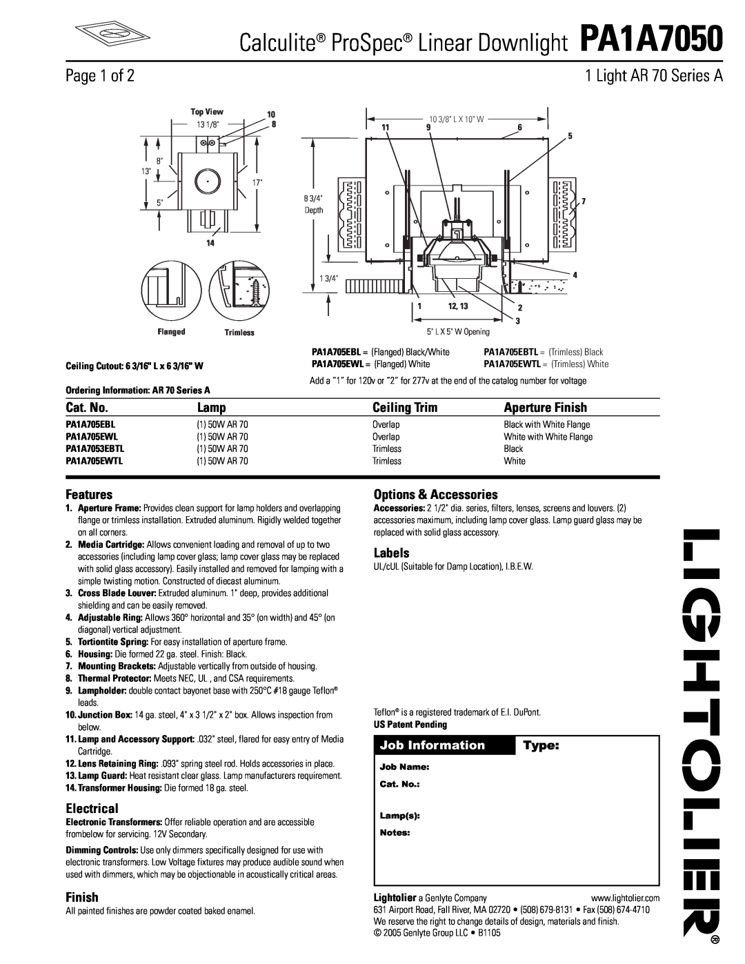 Lightolier manual Calculite ProSpec Linear Downlight PA1A7050, Page 1 of, Light AR 70 Series A, Cat. No, Lamp, Features 
