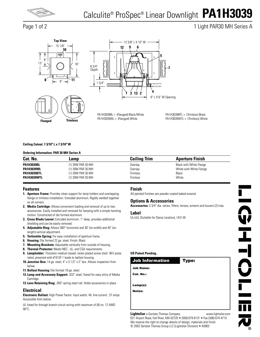 Lightolier manual Calculite ProSpec Linear Downlight PA1H3039, Cat. No, Lamp, Ceiling Trim, Aperture Finish, Features 