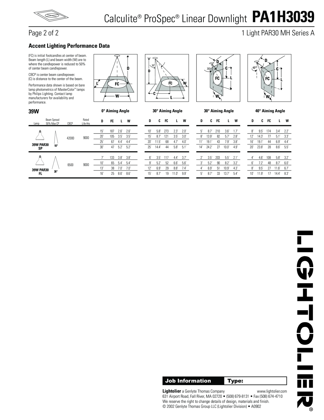 Lightolier Accent Lighting Performance Data, Calculite ProSpec Linear Downlight PA1H3039, Page 2 of, Job Information 