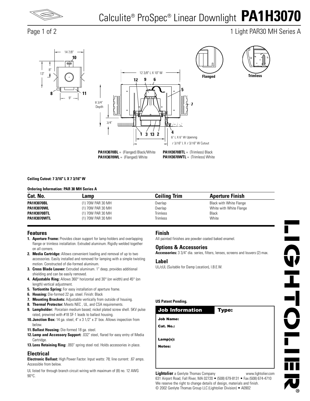 Lightolier PA1H3070 manual Cat. No Lamp Ceiling Trim Aperture Finish, Features, Electrical, Options & Accessories, Label 